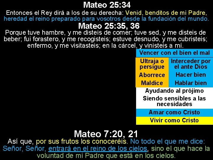 Mateo 25: 34 Entonces el Rey dirá a los de su derecha: Venid, benditos