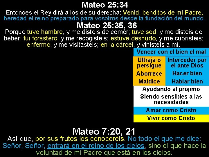 Mateo 25: 34 Entonces el Rey dirá a los de su derecha: Venid, benditos