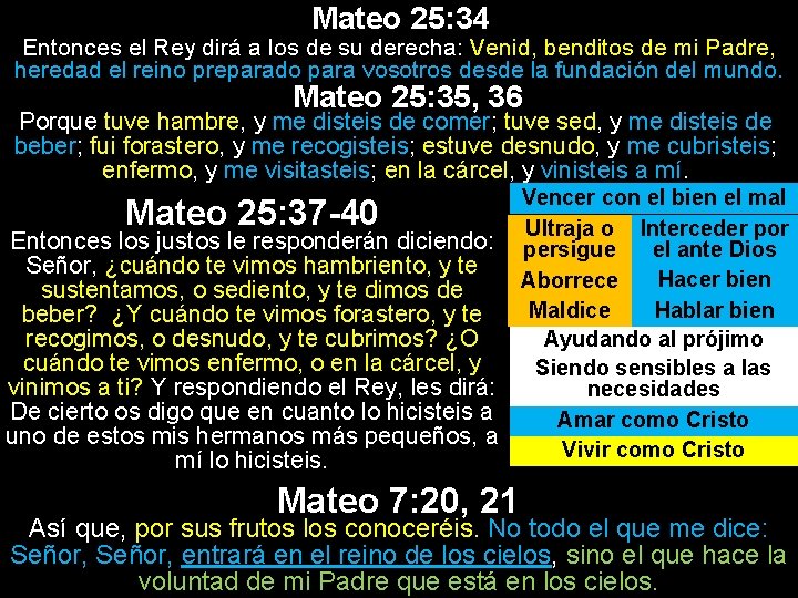 Mateo 25: 34 Entonces el Rey dirá a los de su derecha: Venid, benditos