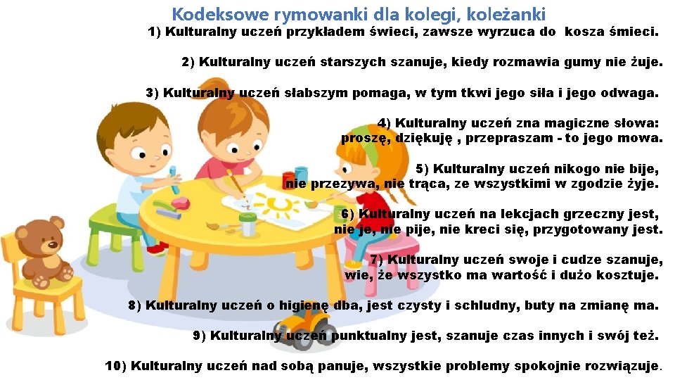 Kodeksowe rymowanki dla kolegi, koleżanki 1) Kulturalny uczeń przykładem świeci, zawsze wyrzuca do kosza