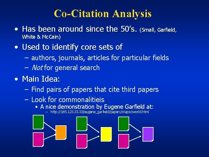 Co-Citation Analysis • Has been around since the 50’s. (Small, Garfield, White & Mc.