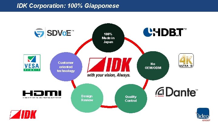 IDK Corporation: 100% Giapponese 100% Made in Japan Customer oriented technology No OEM/ODM Design