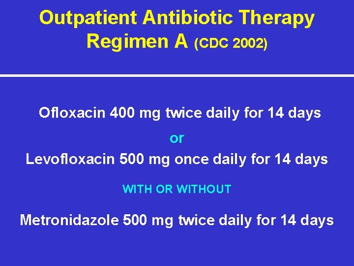Outpatient Antibiotic Therapy Regimen A (CDC 2002) Ofloxacin 400 mg twice daily for 14