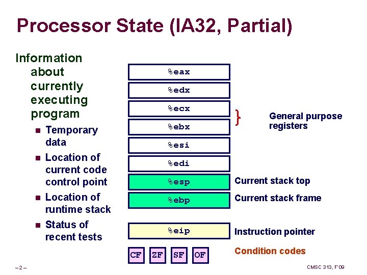 Processor State (IA 32, Partial) Information about currently executing program n n %eax %edx