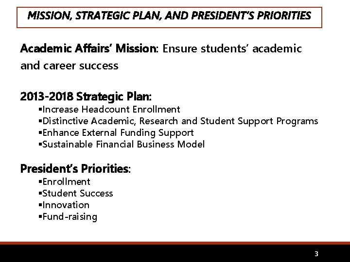 MISSION, STRATEGIC PLAN, AND PRESIDENT’S PRIORITIES Academic Affairs’ Mission: Ensure students’ academic and career