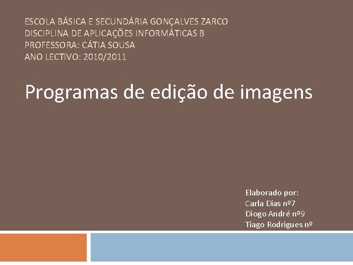 ESCOLA BÁSICA E SECUNDÁRIA GONÇALVES ZARCO DISCIPLINA DE APLICAÇÕES INFORMÁTICAS B PROFESSORA: CÁTIA SOUSA