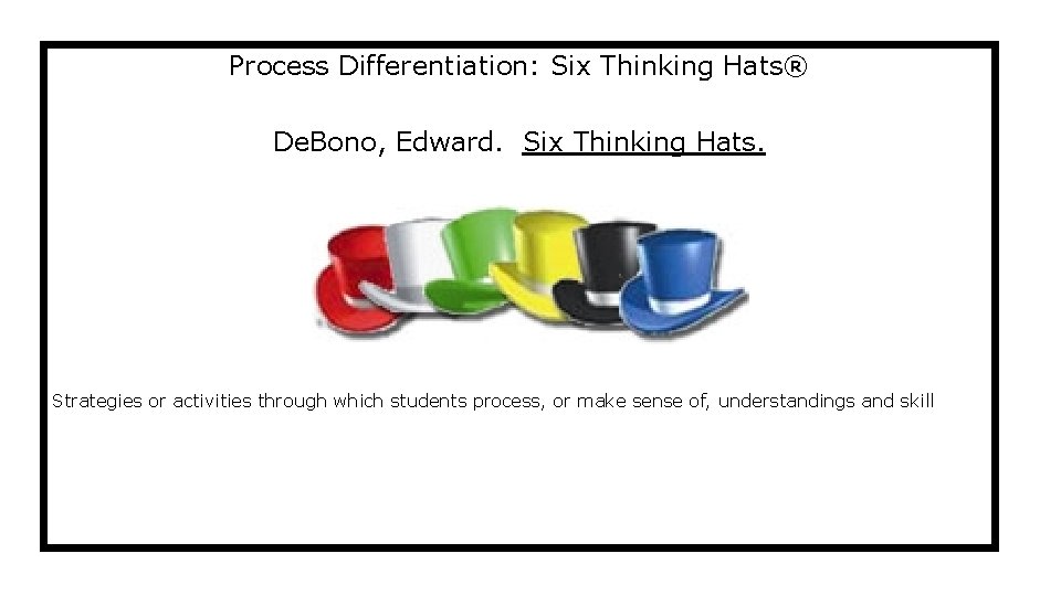 Process Differentiation: Six Thinking Hats® De. Bono, Edward. Six Thinking Hats. Strategies or activities