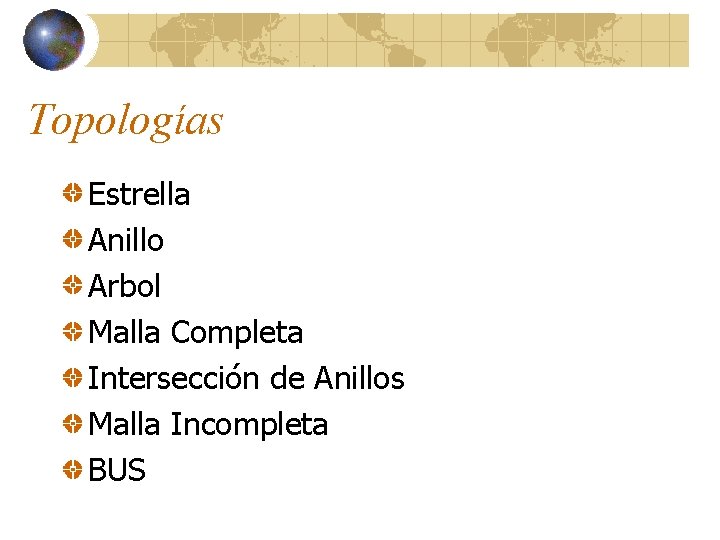 Topologías Estrella Anillo Arbol Malla Completa Intersección de Anillos Malla Incompleta BUS 