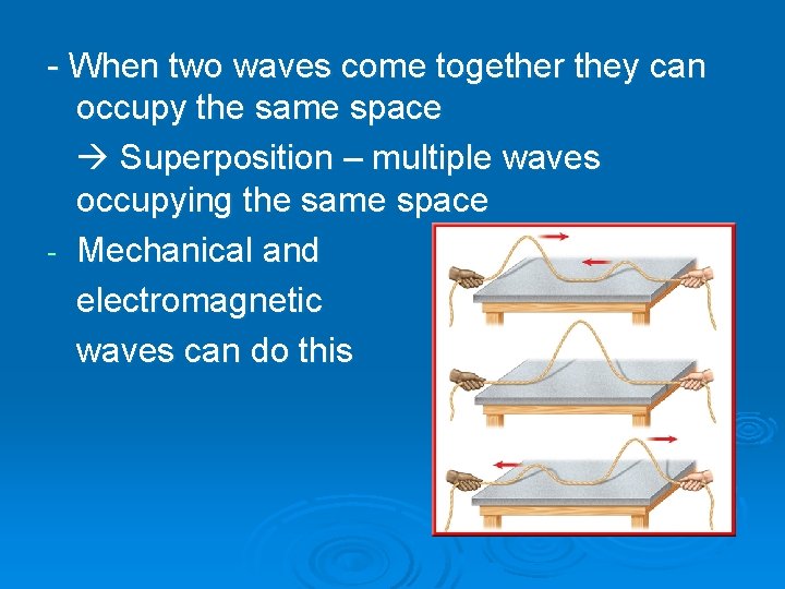 - When two waves come together they can occupy the same space Superposition – - When two waves come together they can occupy the same space Superposition –