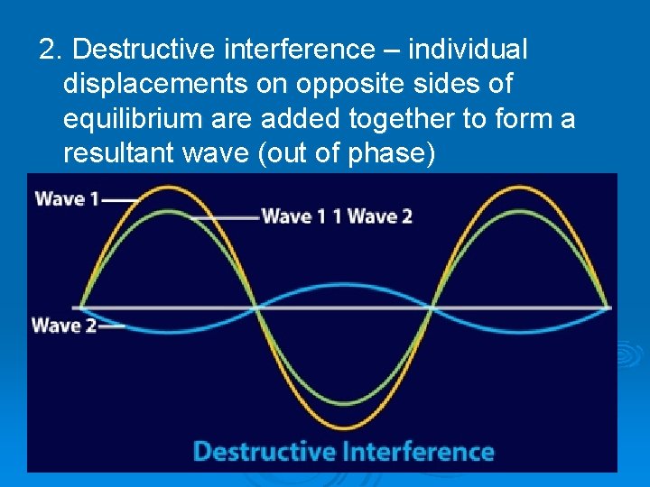 2. Destructive interference – individual displacements on opposite sides of equilibrium are added together 2. Destructive interference – individual displacements on opposite sides of equilibrium are added together