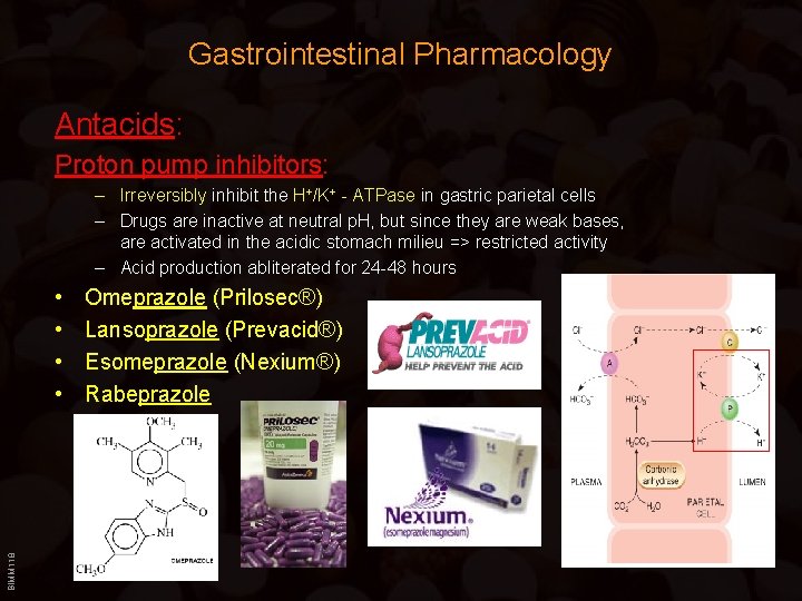 Gastrointestinal Pharmacology Antacids: Proton pump inhibitors: – Irreversibly inhibit the H+/K+ - ATPase in