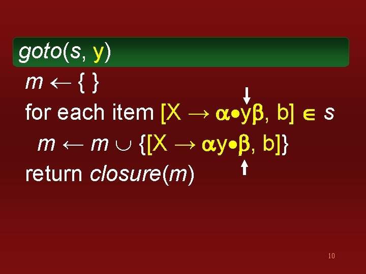 goto(s, y) m {} for each item [X → a yb, b] s m