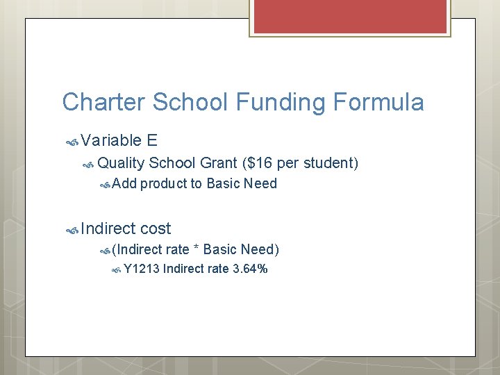 Charter School Funding Formula Variable Quality Add Indirect E School Grant ($16 per student)