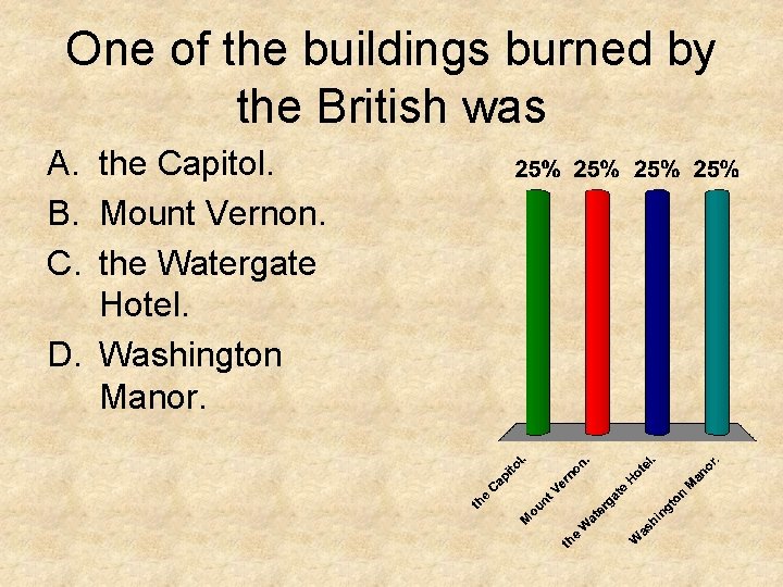 One of the buildings burned by the British was A. the Capitol. B. Mount