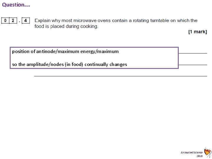 Question…. position of antinode/maximum energy/maximum so the amplitude/nodes (in food) continually changes Animated Science