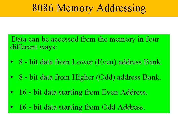 8086 Memory Addressing Data can be accessed from the memory in four different ways: