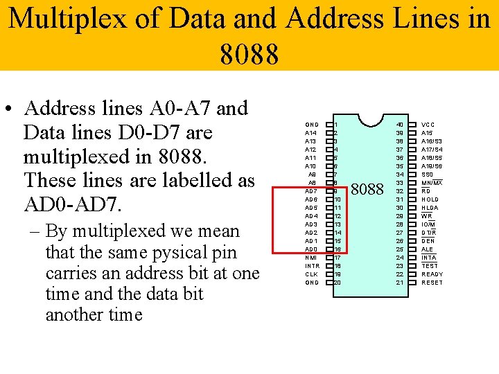 Multiplex of Data and Address Lines in 8088 • Address lines A 0 -A