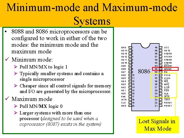 Minimum-mode and Maximum-mode Systems • 8088 and 8086 microprocessors can be configured to work