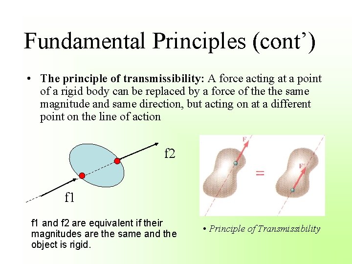 Fundamental Principles (cont’) • The principle of transmissibility: A force acting at a point