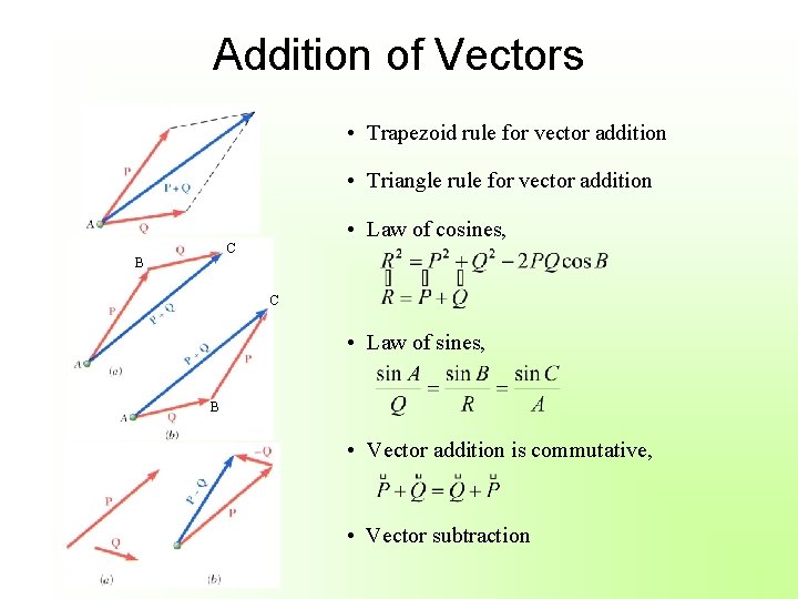 Addition of Vectors • Trapezoid rule for vector addition • Triangle rule for vector