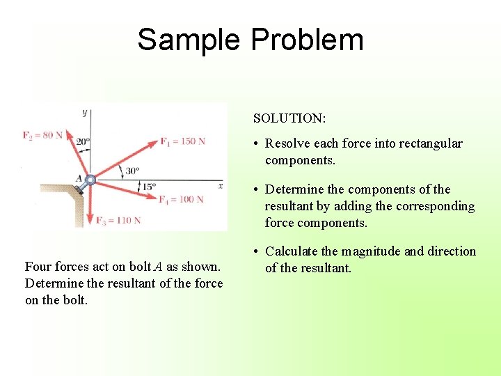 Sample Problem SOLUTION: • Resolve each force into rectangular components. • Determine the components