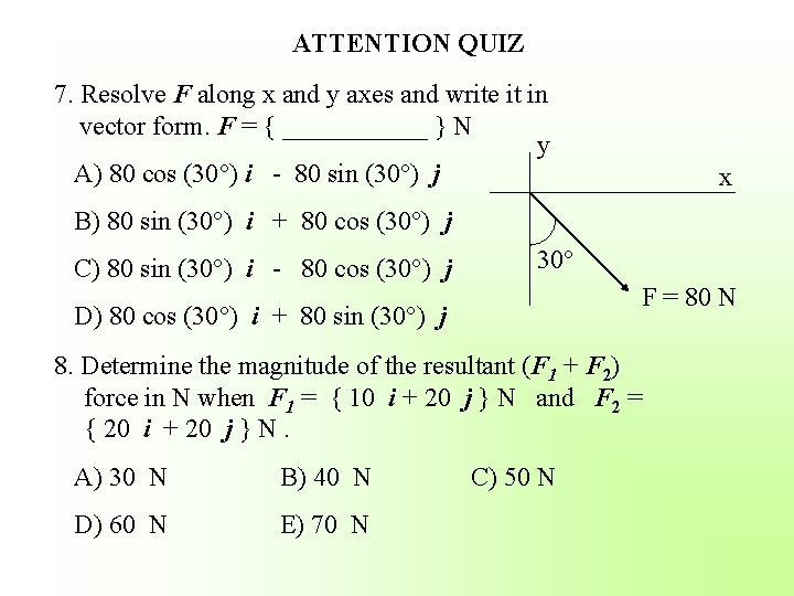 ATTENTION QUIZ 7. Resolve F along x and y axes and write it in