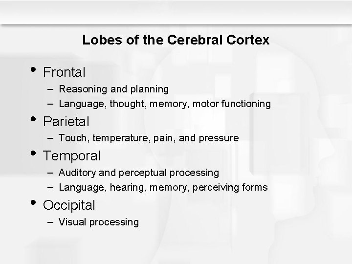 Lobes of the Cerebral Cortex • Frontal – Reasoning and planning – Language, thought,