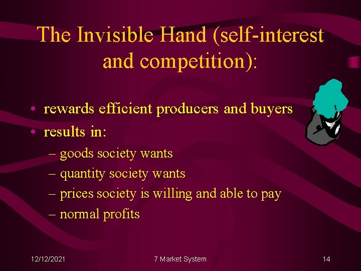 The Invisible Hand (self-interest and competition): • rewards efficient producers and buyers • results