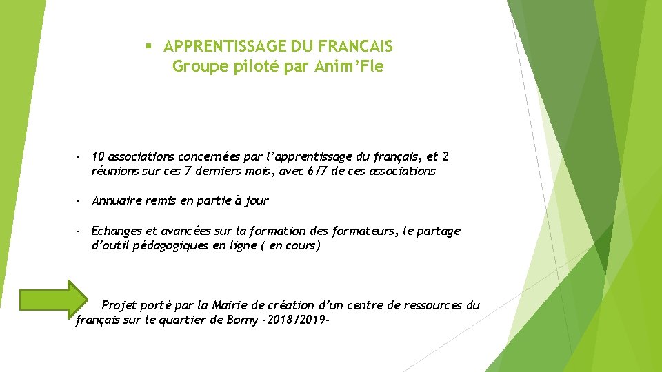 § APPRENTISSAGE DU FRANCAIS Groupe piloté par Anim’Fle - 10 associations concernées par l’apprentissage