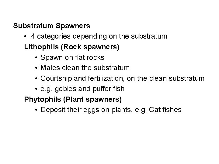 Substratum Spawners • 4 categories depending on the substratum Lithophils (Rock spawners) • Spawn