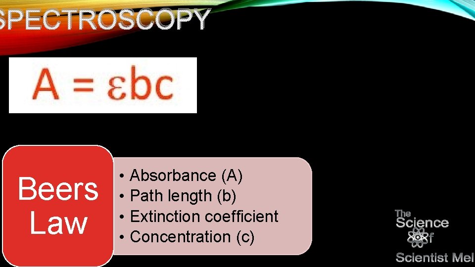 SPECTROSCOPY Beers Law • • Absorbance (A) Path length (b) Extinction coefficient Concentration (c)