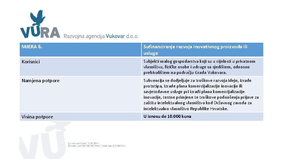 MJERA 8. Sufinanciranje razvoja inovativnog proizvoda ili usluga Korisnici Subjekti malog gospodarstva koji su