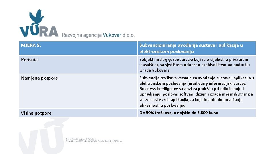 MJERA 9. Subvencioniranje uvođenja sustava i aplikacija u elektronskom poslovanju Korisnici Subjekti malog gospodarstva