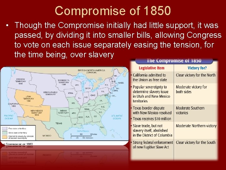 Compromise of 1850 • Though the Compromise initially had little support, it was passed,