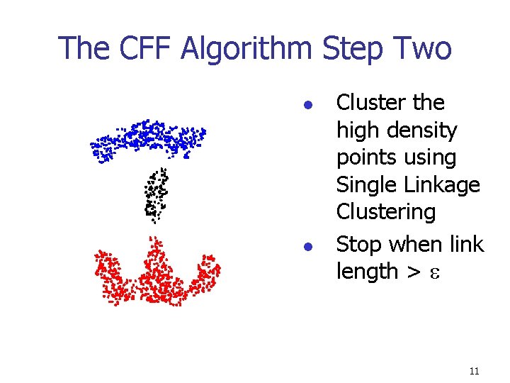 The CFF Algorithm Step Two l l Cluster the high density points using Single