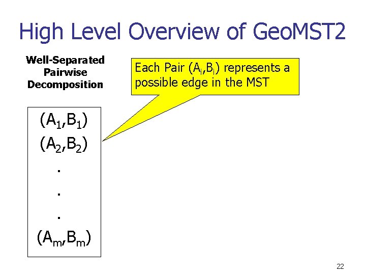 High Level Overview of Geo. MST 2 Well-Separated Pairwise Decomposition Each Pair (Ai, Bi)