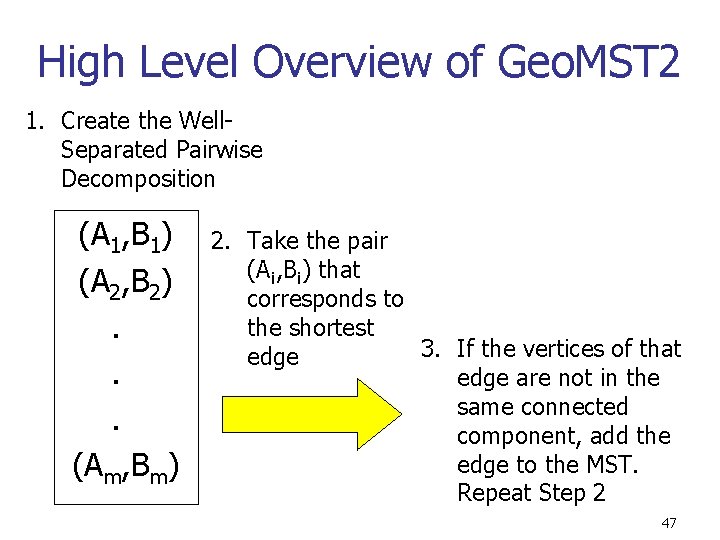 High Level Overview of Geo. MST 2 1. Create the Well. Separated Pairwise Decomposition