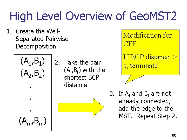 High Level Overview of Geo. MST 2 1. Create the Well. Separated Pairwise Decomposition