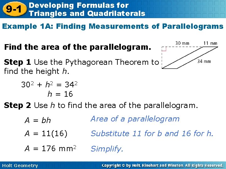 9 -1 Developing Formulas for Triangles and Quadrilaterals Example 1 A: Finding Measurements of