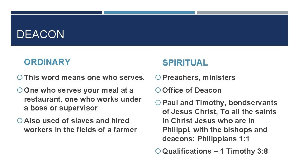 DEACON ORDINARY SPIRITUAL This word means one who serves. Preachers, ministers One who serves