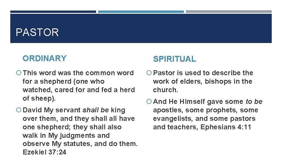 PASTOR ORDINARY SPIRITUAL This word was the common word Pastor is used to describe