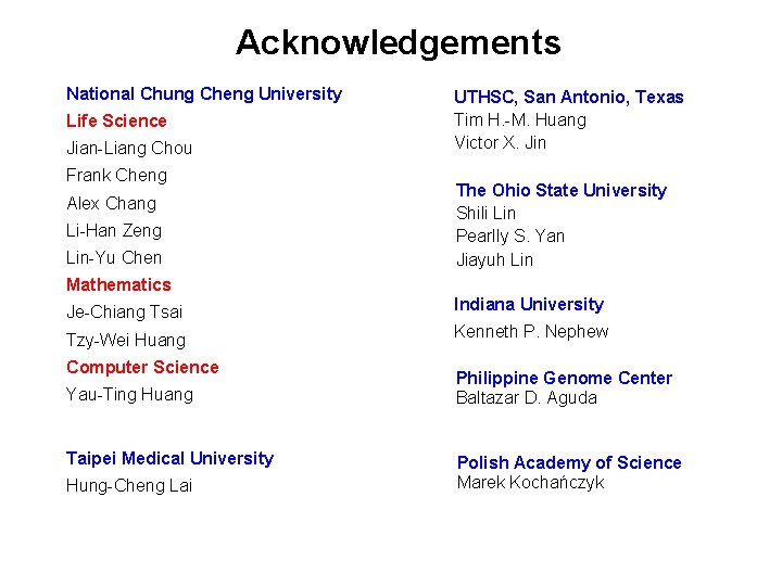 Acknowledgements National Chung Cheng University Life Science Jian-Liang Chou Frank Cheng Alex Chang Li-Han Acknowledgements National Chung Cheng University Life Science Jian-Liang Chou Frank Cheng Alex Chang Li-Han