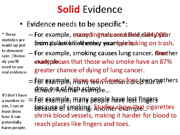 Solid Evidence • Evidence needs to be specific*: specific : – For example, many