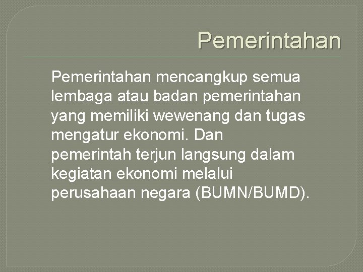 Pemerintahan mencangkup semua lembaga atau badan pemerintahan yang memiliki wewenang dan tugas mengatur ekonomi.