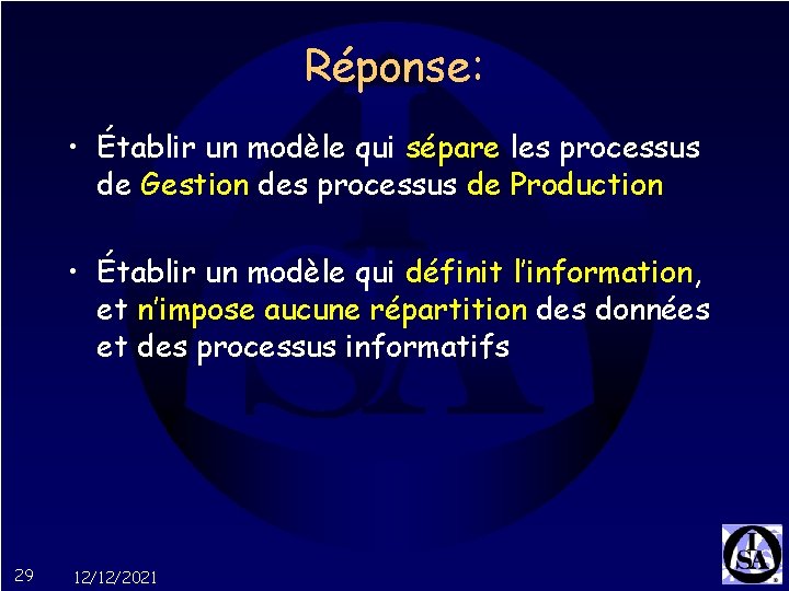 Réponse: • Établir un modèle qui sépare les processus de Gestion des processus de