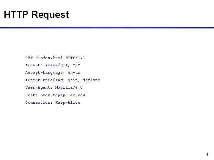 HTTP Request GET /index. html HTTP/1. 1 Accept: image/gif, */* Accept-Language: en-us Accept-Encoding: gzip,