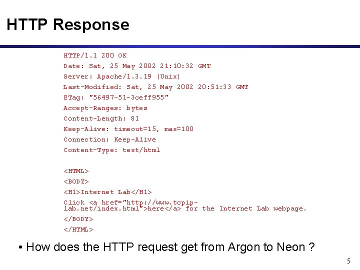 HTTP Response HTTP/1. 1 200 OK Date: Sat, 25 May 2002 21: 10: 32