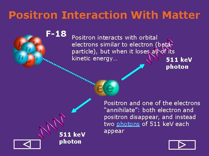 Positron Interaction With Matter F-18 Positron interacts with orbital electrons similar to electron (beta