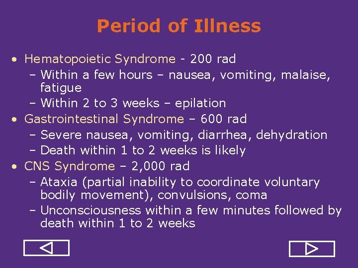 Period of Illness • Hematopoietic Syndrome 200 rad – Within a few hours –