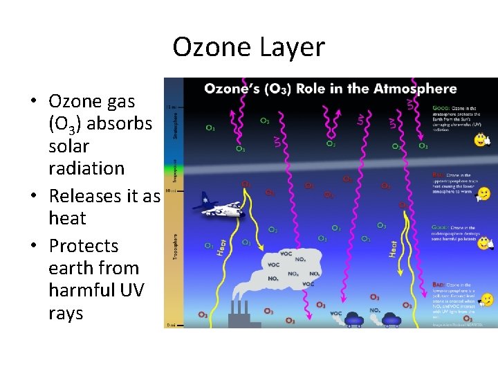 Ozone Layer • Ozone gas (O 3) absorbs solar radiation • Releases it as